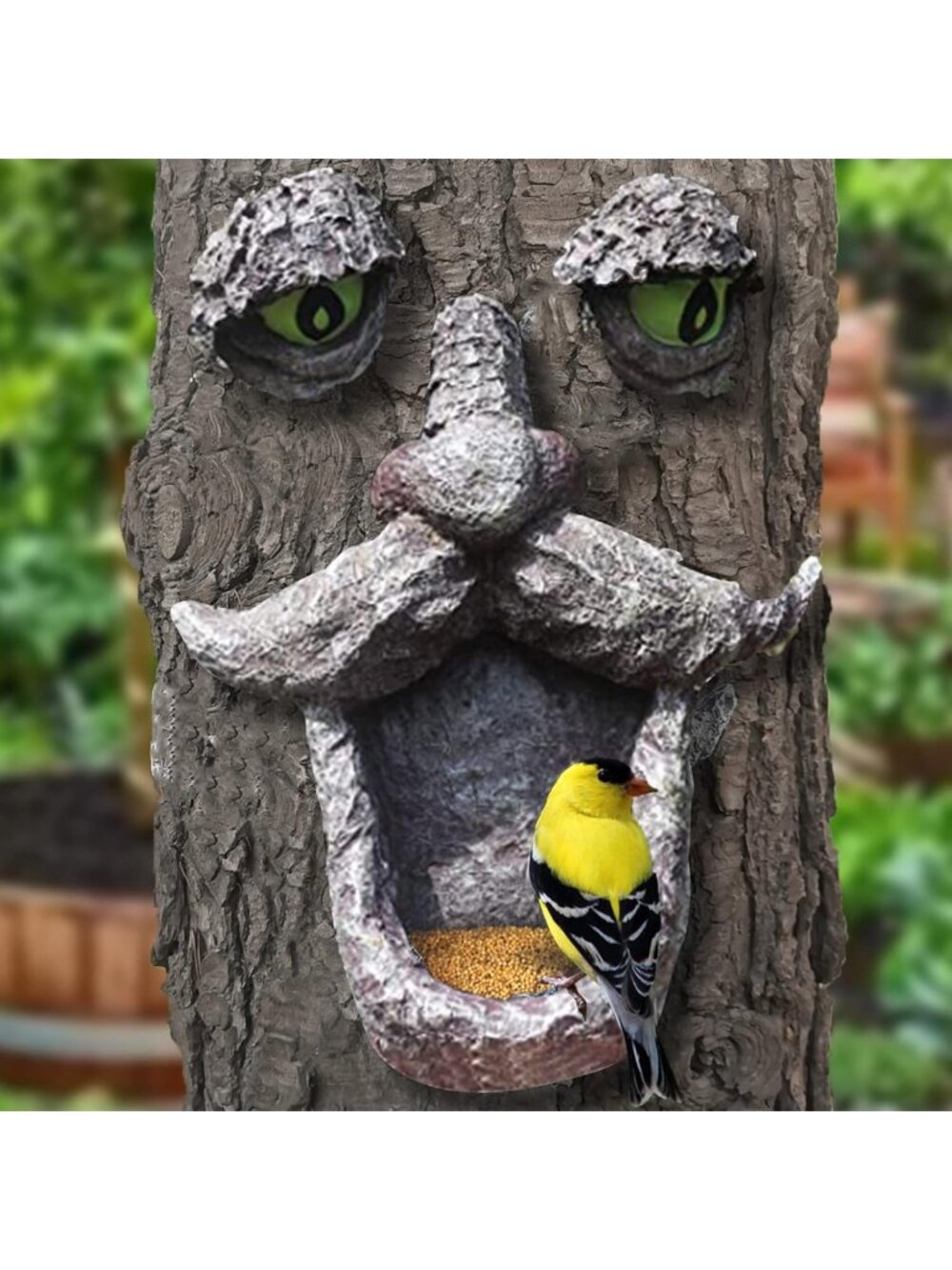 Whimsical Outdoor Bird Feeder with Glowing Eyes - Unique Yard Art Sculpture